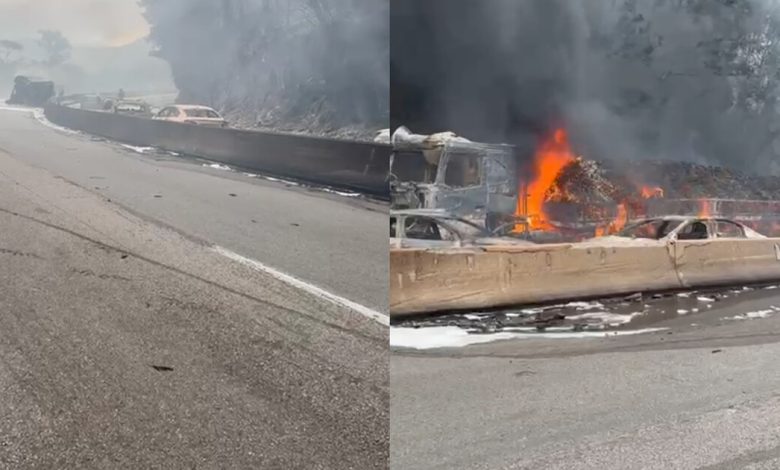 Explosão de carreta com combustível interdita BR-101 em Palhoça