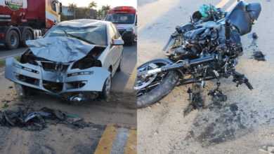 Colisão frontal entre carro e moto deixa 3 vítimas na BR-470 em Indaial