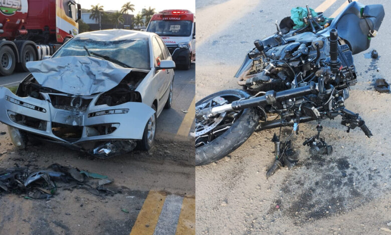 Colisão frontal entre carro e moto deixa 3 vítimas na BR-470 em Indaial