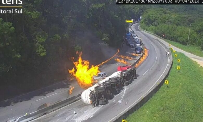 Obras no Morro dos Cavalos são suspensas após explosão de carreta na BR-101