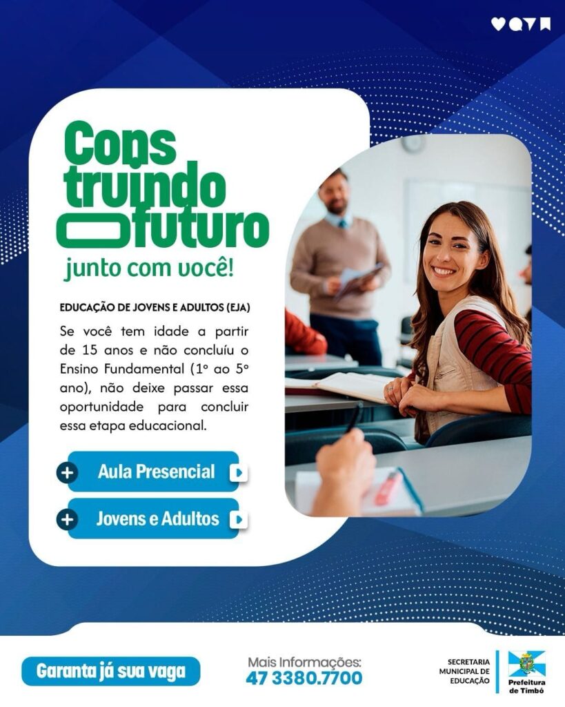 Timbó Abre Inscrições para Programa de Educação de Jovens e Adultos