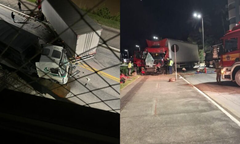 Colisão frontal entre dois caminhões deixa feridos em Brusque