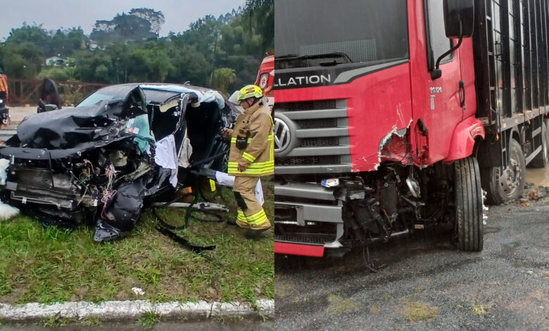 Motorista fica preso às ferragens após colisão frontal, em Apiúna