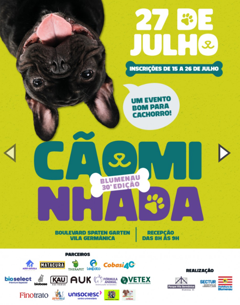 Inscrições abertas para a 30ª Cãominhada em Blumenau, que será realizada em 27 de julho