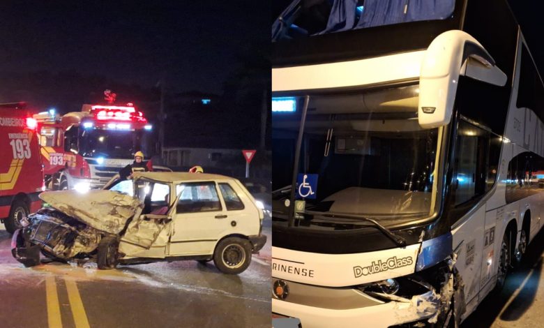 Mulher sofre fratura exposta em colisão entre carro e ônibus em Brusque