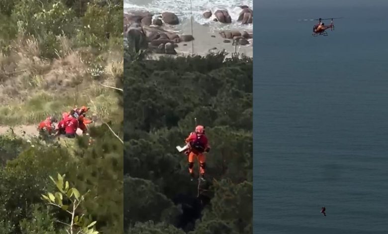 Idosa é resgatada de trilha em SC com manobra precisa de piloto de helicóptero