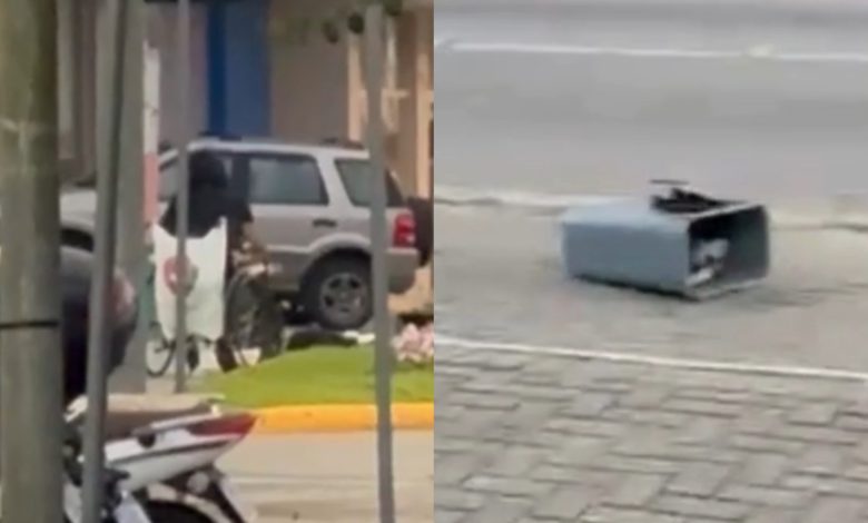 Centro de Camboriú tem lixeiras destruídas por mulher em cadeira de rodas