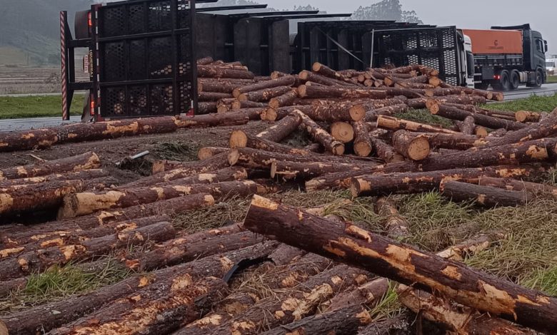 Tombamento de carreta na BR-470 em Gaspar deixa motorista ferido e trânsito parcialmente bloqueado