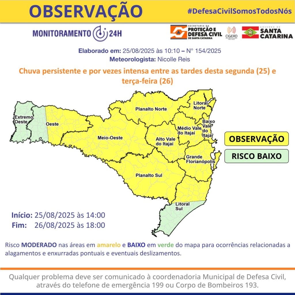 Chuva persiste no Médio Vale: Defesa Civil de Rodeio alerta para risco de alagamentos e deslizamentos nesta terça