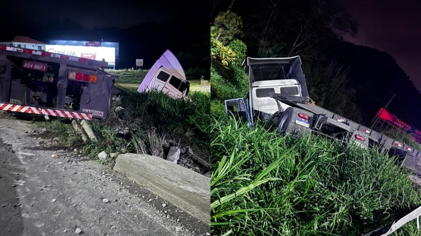 Carreta colide contra cabeceira de ponte e deixa trânsito em meia pista na BR-470, em Rodeio