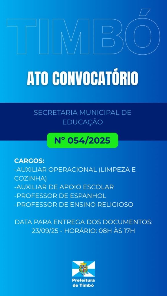 Prefeitura de Timbó convoca candidatos para vagas temporárias na Educação
