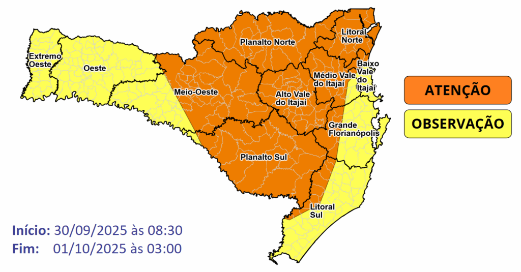 Chuva intensa, ventos fortes e granizo devem atingir SC entre esta terça e a madrugada de quarta