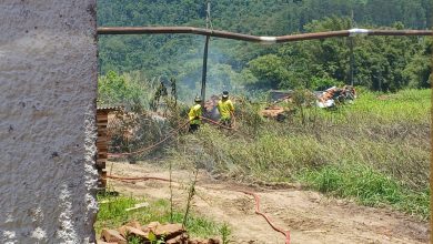 Funcionários de madeireira controlam incêndio em vegetação, em Rodeio