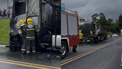 Carreta pega fogo após colisão com motocicleta em Gaspar; motociclista é levado ao hospital