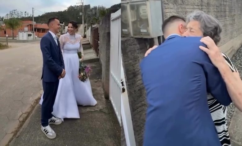 Noivos fazem parada surpresa e emocionam avós que não puderam ir ao casamento