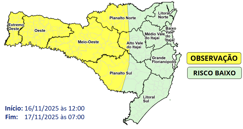 Temporais devem atingir Santa Catarina entre domingo e segunda-feira, alerta Defesa Civil