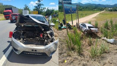 Acidente entre carros na BR-470 em Indaial deixa pessoa presa às ferragens e provoca lentidão