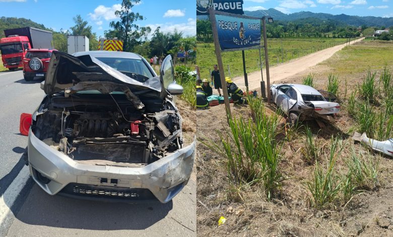 Acidente entre carros na BR-470 em Indaial deixa pessoa presa às ferragens e provoca lentidão