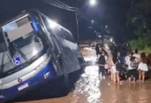 Ônibus de turismo sai da pista em Itajaí após motorista tentar evitar área alagada