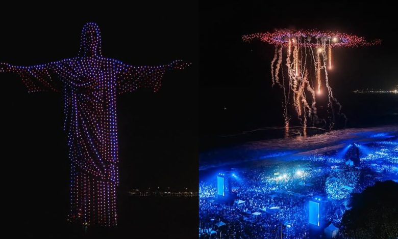 Tecnologia no céu e multidão na areia: show de drones do DJ Alok marca Réveillon histórico em Copacabana