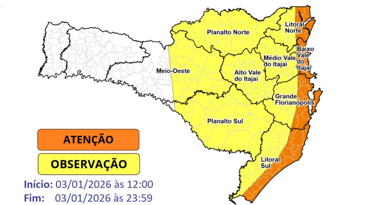 Frente fria provoca ventos intensos e eleva risco de danos em Santa Catarina neste sábado