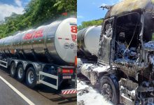 Carreta com carga de líquido corrosivo pega fogo na BR-101, em BC
