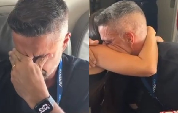 Homem se emociona ao saber que será pai, após anuncio feito pelo piloto durante voo