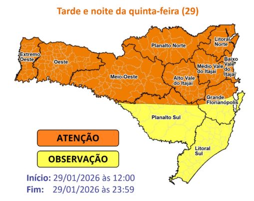 Tempestades severas podem atingir Timbó nesta quinta-feira; Defesa Civil alerta para risco alto de alagamentos