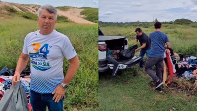 Prefeito denuncia descarte irregular de roupas em praia de SC e pede apoio da população