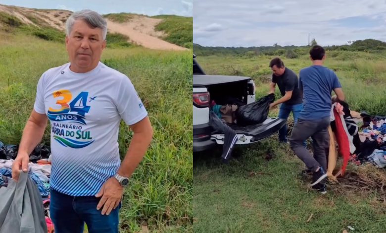 Prefeito denuncia descarte irregular de roupas em praia de SC e pede apoio da população