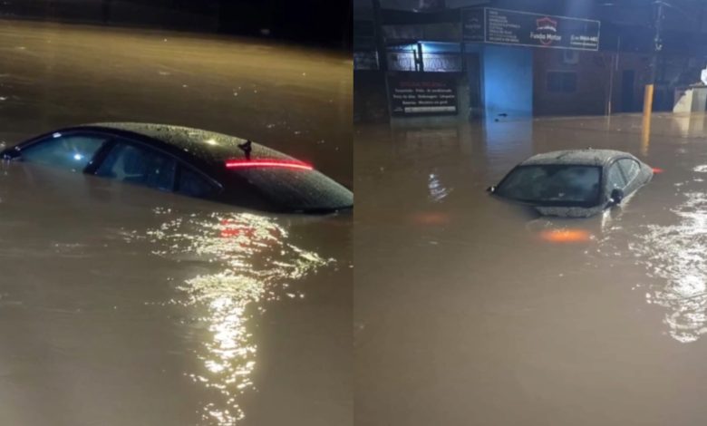 Temporal provoca alagamentos em cidades de SC e arrasta carro em Palhoça; moradores são resgatados e trânsito fica congestionado