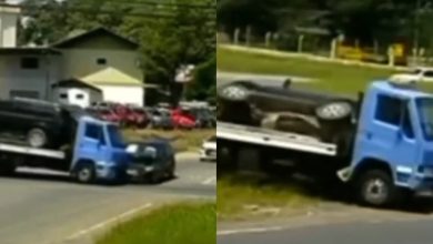 Carro despenca de guincho após colisão na BR-470 em Blumenau