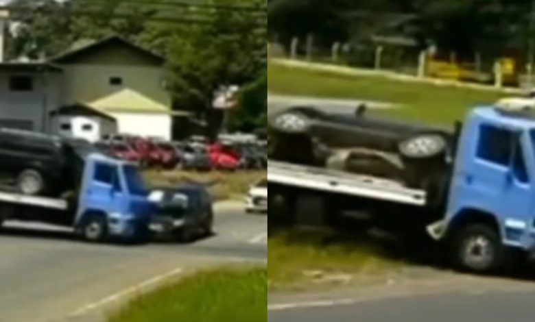 Carro despenca de guincho após colisão na BR-470 em Blumenau