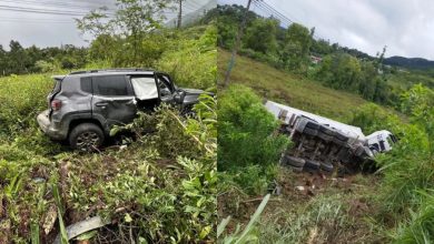 Colisão entre três carros e uma carreta deixa motorista ferido na BR-470 em Rio do Sul