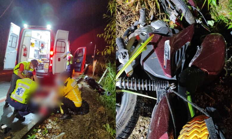 Motociclista fica ferido após sair da pista e colidir contra cerca de arame farpado em Gaspar