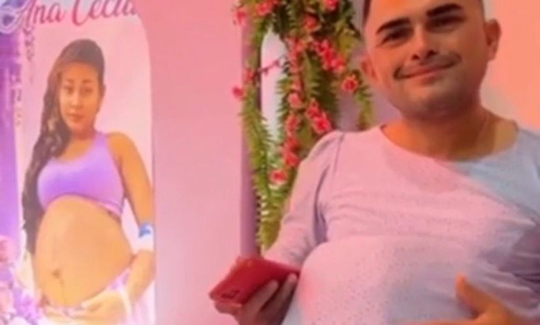 Marido substitui esposa internada no chá de bebê, coloca vestido e arranca risadas dos convidados