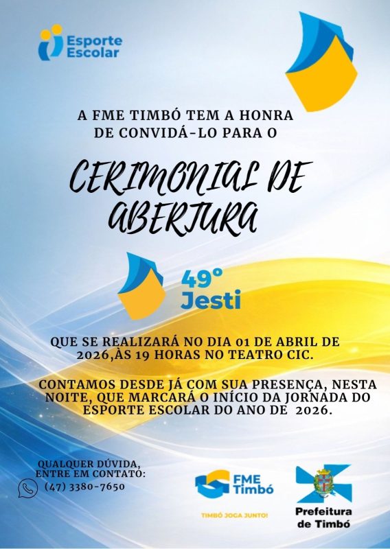 Timbó dá início ao JESTI 2026 com cerimônia no CIC e reúne comunidade escolar para celebrar o esporte