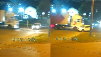 Avanço de ‘pare’ termina com carro arrastado por caminhão na BR-470, em Blumenau