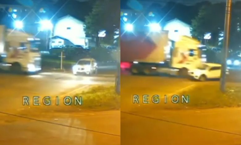 Avanço de ‘pare’ termina com carro arrastado por caminhão na BR-470, em Blumenau
