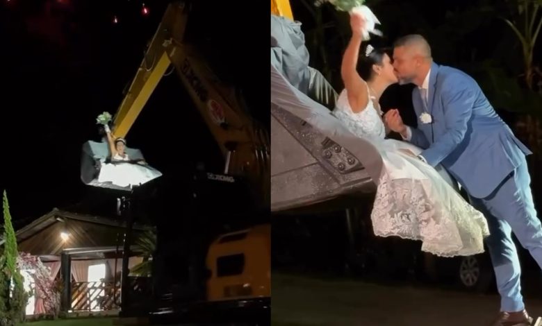 Do canteiro de obras ao altar: noiva viraliza ao escolher escavadeira para entrada no casamento