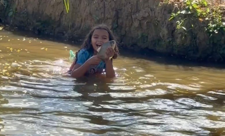 Menina encanta ao pescar peixe com as próprias mãos em rio de Minas Gerais