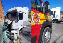 Motorista cai da cabine após caminhão atingir muro de residência em grave acidente em Blumenau