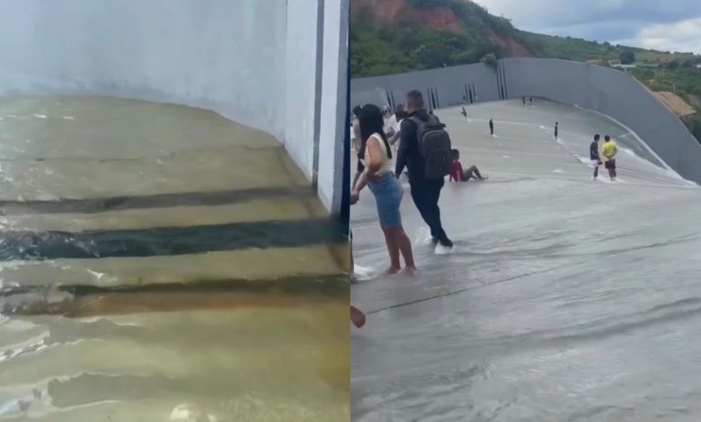 Segundo maior açude do Ceará volta a sangrar e arrasta multidão para assistir ao espetáculo da água