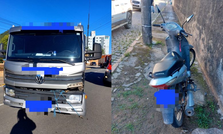Motociclista fica ferida após colisão com caminhão em Rodeio