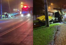 Motorista fica gravemente ferido, em Apiúna, após colidir contra carreta e poste