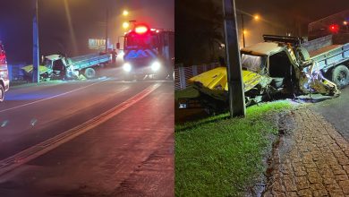 Motorista fica gravemente ferido, em Apiúna, após colidir contra carreta e poste