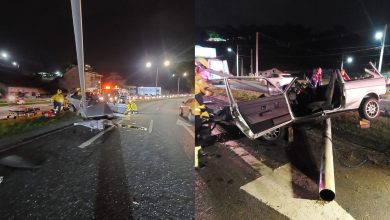 Jovem de 22 anos fica preso às ferragens após carro atingir poste em Blumenau