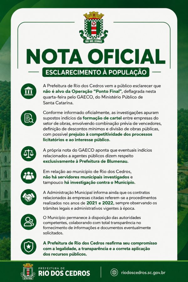 Prefeitura de Rio dos Cedros se manifesta e afirma não ser alvo da Operação “Ponto Final” do GAECO