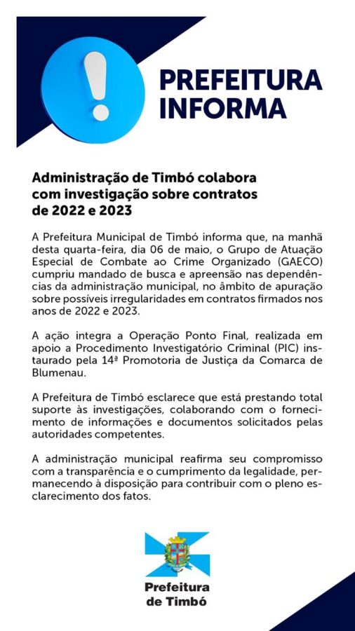 Prefeitura de Timbó se manifesta sobre operação “Ponto Final” do GAECO no município