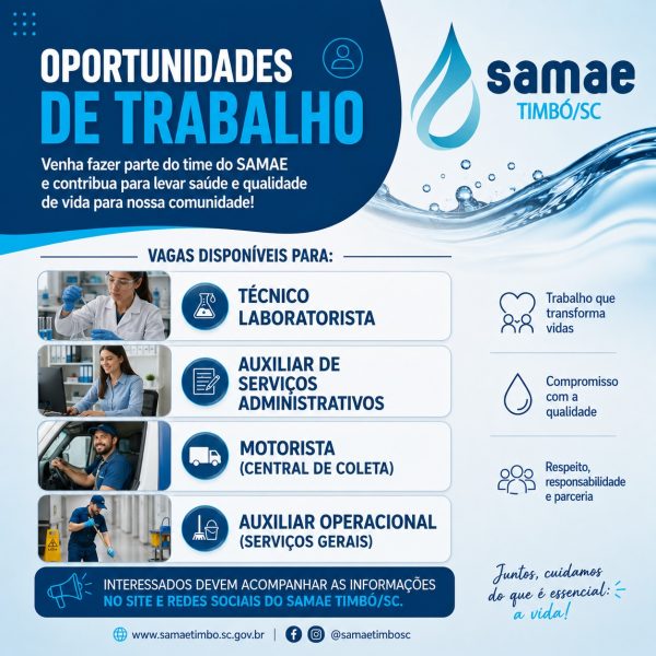 Samae de Timbó realiza chamada pública para contratação em setores técnicos, administrativos e operacionais